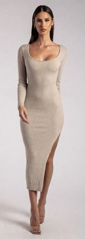 ✨Meshki Taupe Tan Cali Long Sleeve Ribbed High Slit Midi Sz Large Dress✨ thumbnail 1