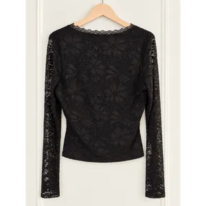 Princess Polly Black Floral Lace Wrap Top Size 10 NWT Ribbon Tie Long Sleeve thumbnail 5