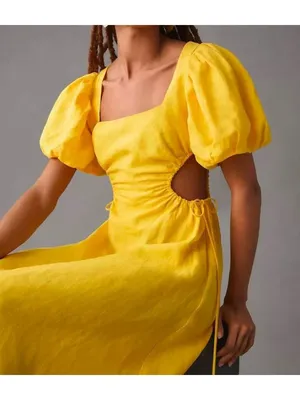 NWOT Farm Rio Linen Puff-Sleeve Cutout Midi Dress Yellow Size S thumbnail 3
