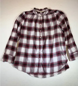LOFT Plaid Button Up Shirt Womens Size Medium Ruffle Neck Long Sleeve thumbnail 1