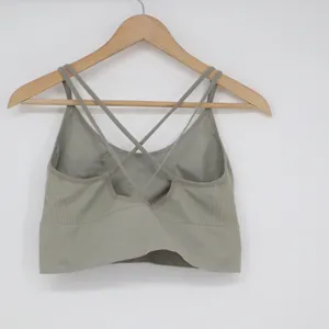 Sage Green Ribbed Seamless Strappy Back Sports Bra Yoga Crop Top XL thumbnail 4