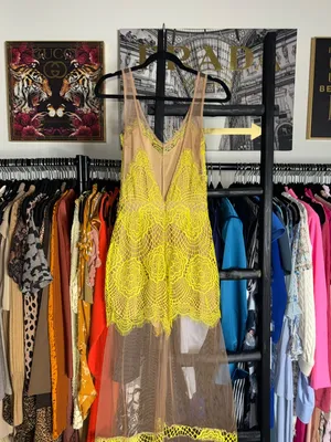 For Love Lemons Antigua Maxi Dress Chartreuse Lace Mesh Sheer Overlay Womens XS thumbnail 8