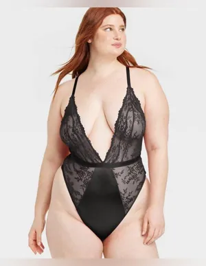 NEW Unlined Lace Lingerie Bodysuit Auden V Back Cotton Gusset Sheer Pull-On 2X thumbnail 2