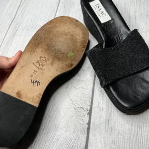 Isaac Isaac Mizrahi Black Platform Wedge Sandals Sparkle Italian Leather Sz 10B thumbnail 4