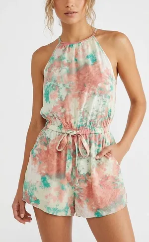 BeBop Coral & Teal Tie-Dye Halter Romper thumbnail 1
