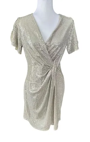 JM Studio John Meyer Silver Sequin Dress 12 Stretch Metallic Fabric Wrap Party‎ thumbnail 1