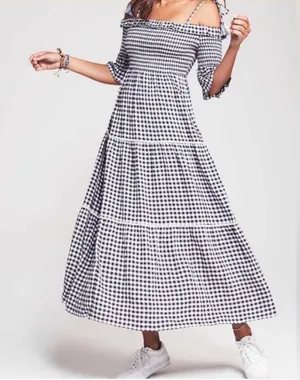 Faherty Sylvie Dress Blue Gingham Smocked Tiered Maxi WDU1931-BGI Womens‎ XS NEW thumbnail 1