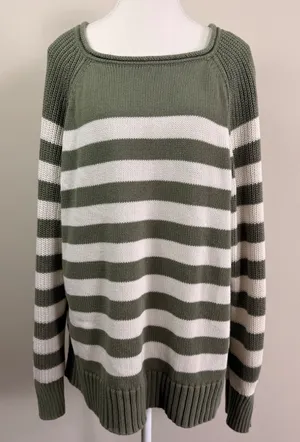 Aerie Olive Green Cream Striped Oversized Raglan Shaker Knit Sweater Size Medium thumbnail 1