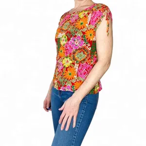Nicole Miller Colorful Floral Abstract Linen Casual T-Shirt thumbnail 4