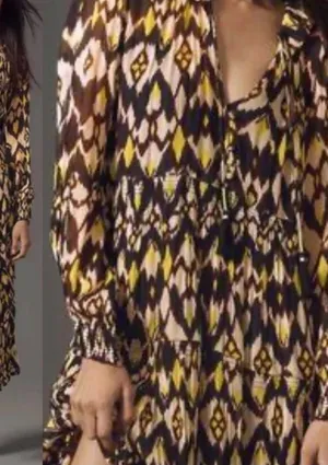 Anthropologie Ikat-Print Long-Sleeve Midi Dress in Yellow, Black & Cream thumbnail 1