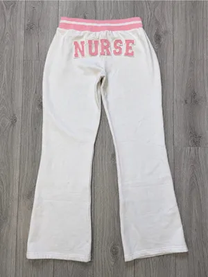 Nurse White Pink Flare Sweatpants Lounge Joggers Embroidered Medium thumbnail 3