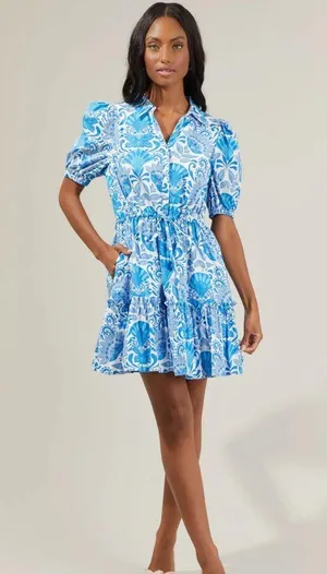 Women’s Sugarlips Biller Floral Stacie Button Down Mini Dress Blue Nautical M 🐟 thumbnail 5