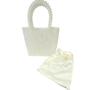 Faux Pearl‎ Beaded Tote Bag S Cream Satin Pouch Handle Bridal Wedding thumbnail 7