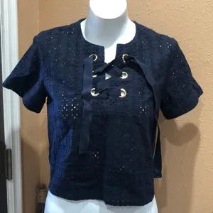 Zara navy blue short sleeve blouse thumbnail 1