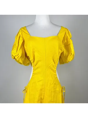 NWOT Farm Rio Linen Puff-Sleeve Cutout Midi Dress Yellow Size S thumbnail 5