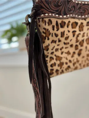 Rafter T Ranch Co Women's Brown Leopard Leather Crossbody Bag with Fringe thumbnail 8