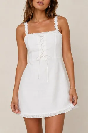Finders Keepers Urban Outfitters White Lace Up Robin Mini Dress Women Size L (8) thumbnail 1