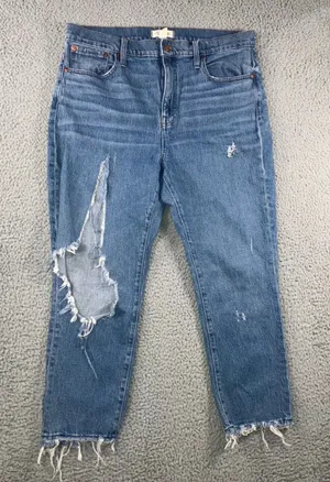Madewell High Rise Slim Boyjean Women 32‎ Distressed Raw Hem Crop Medium Wash thumbnail 1
