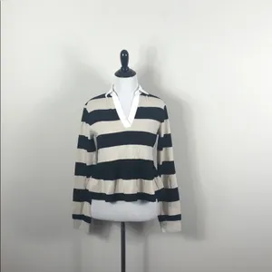 Abound Striped Peplum Top Black Beige Collared Split Neck NWT XS thumbnail 3