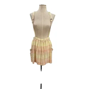 Free People Plaid Breeze Suspender Mini Skirt‎ Dress Yellow Linen Blend Size 4 thumbnail 3