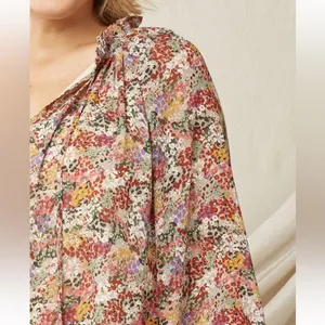 Entro Long Sleeve Top Blouse Fall Garden Ditsy Floral Feminine Tie Ruffle Collar thumbnail 2