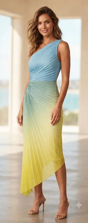 SHEIN One-Shoulder Ombre Pleated Midi Dress in Blue and Yellow thumbnail 1