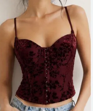 NWT Lulus Burgundy Velvet Floral Corset Top Bustier Hook-Eye Front Size XS thumbnail 1