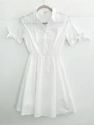 NEW Monteau White Eyelet Midi Dress buttons SMALL tie sleeve cottage womens thumbnail 1