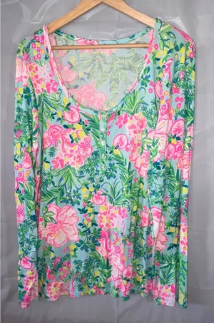 Lilly Pulitzer XL Henley Top Long Sleeve Tropical Floral Citrus Print Blue Pink thumbnail 1