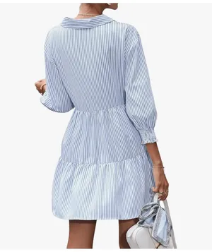 Women's 3/4 Sleeve V Neck Collar Striped Dress Casual A Line Ruffle Hem Mini Dresses thumbnail 2