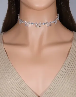 Silver butterfly choker necklace with rhinestones thumbnail 2