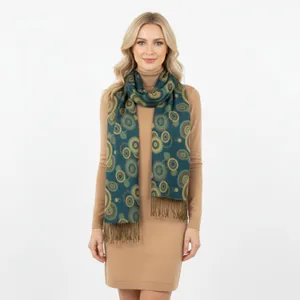 Pashmina Blue & Tan Circle Print Rectangular Reversible Tassel thin knit Scarve thumbnail 5