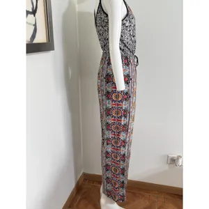 Angie Women’s Boho Wide Leg Jumpsuit Black Orange Spaghetti Strap Festival M thumbnail 4