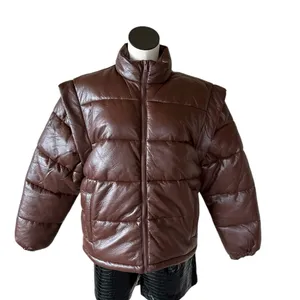 NWT We Wore What Snap-Off Sleeve Faux Leather Puffer Jacket Chocolate Brown XS thumbnail 7