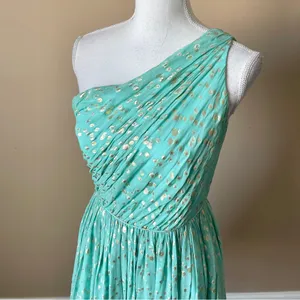 SHOSHANNA | Silk Blend Teal/Metallic Gold Rayna One-Shoulder Cocktail Dress Sz 4 thumbnail 6
