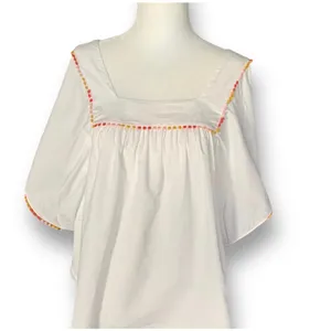 Madewell‎ White Cotton Pom PomTrim Blouse Medium Boho Festival Butterfly Top thumbnail 3