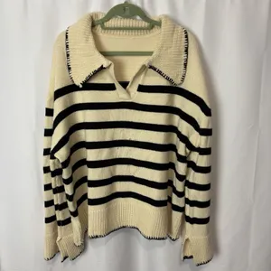 Unbranded Women’s Collared Polo Sweater Cream & Navy Stripe 2XL Nautical Boho thumbnail 4