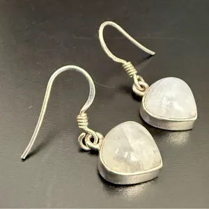 Vintage 925 Sterling Silver Small Heart Moonstone Drop Earrings 3.6g thumbnail 6