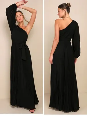 Lulus Divine Charm Black Pleated One-Shoulder Maxi Dress Size Large NWT Formal thumbnail 2