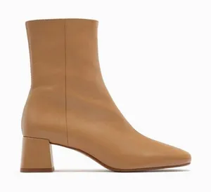 Zara Camel Tan Leather Square Toe Block Heel Ankle Boots 7.5 thumbnail 1