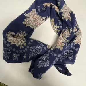 Access 100% silk dark blue floral scarf 32” x 33” hand rolled thumbnail 1