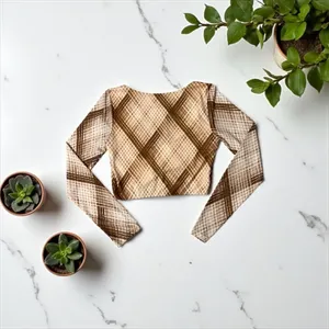 Princess Polly‎ Brown Plaid Long Sleeve Ruched Crop Top Size US 10 EU 42 thumbnail 2