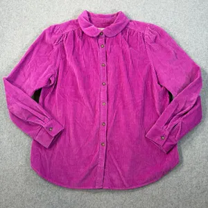 LOFT Magenta Corduroy Button Down Top Womens Medium Peter Pan Collar Puff Shoule thumbnail 1