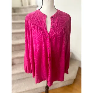 Free People Hot Pink Floral Print Blouson Sleeve Oversize Long Sleeve Blouse thumbnail 2