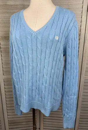 CHAPS Women's Light Blue V Neck 100% Cotton Cable Knit Sweater-Large thumbnail 1