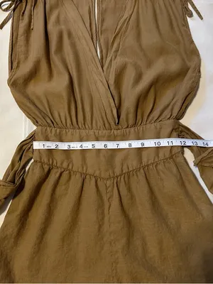 Zara Linen and Cotton Olive-Green Surplice Romper with Smocked Waist Size XS thumbnail 8