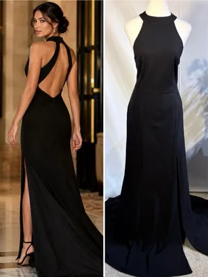 💥BHLDN Serephina Black Crepe Backless Halter Maxi Gown Side Slit Sz 12🧡 thumbnail 2