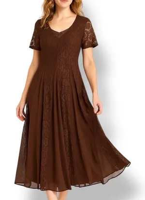 Vintage‎ 90s Brown Floral Lace Chiffon Panel Midi Dress Small Romantic Sheer thumbnail 1