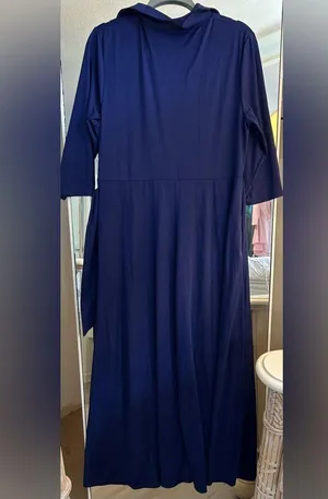 NEW Blue Collared 3/4 Sleeve Button Down Maxi Dress Belted XL thumbnail 3