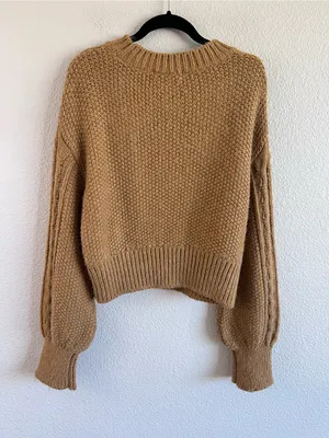 Anthropologie Women's Chunky Cropped Cable-Knit Bobble Balloon Sleeve Sweater thumbnail 4